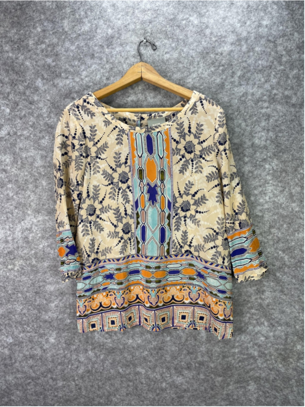 Maeve Anthropologie Blouse Womens 6 100% Silk Boho Floral 3/4 Sleeve Tunic Top